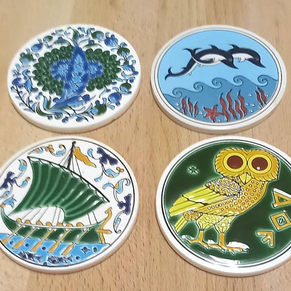 Vintage Greek Ceramic figural Coasters 4x4