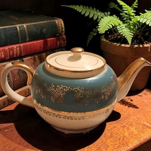 Vintage Aquablue & Cream 24 k Gold Sadler Teekanne Stafforshire England 1940er Jahre