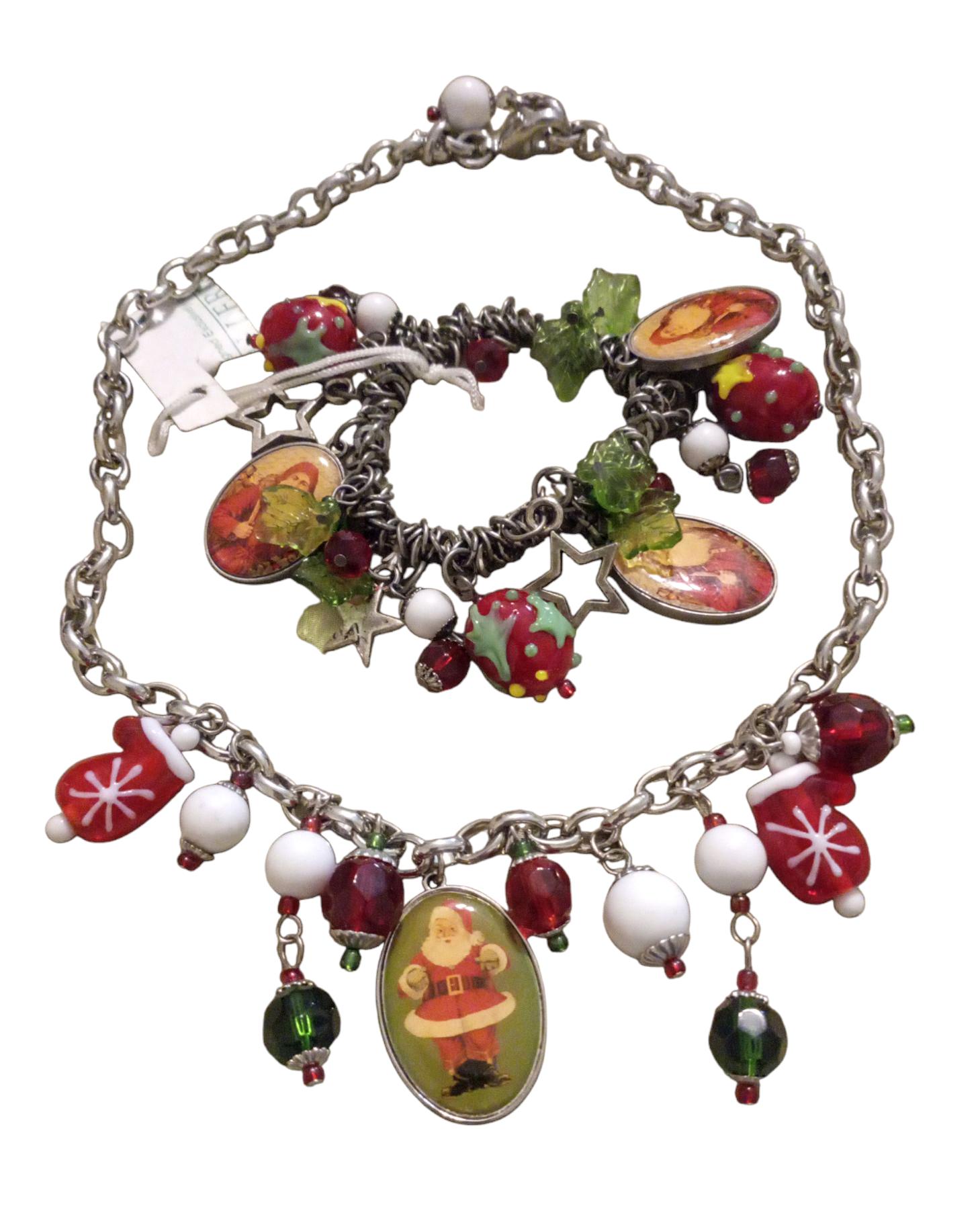 Vintage Christmas Santa Glass Bead Necklace & Bracelet set