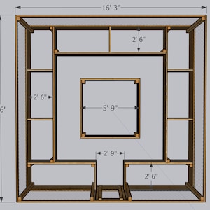 May include: A wooden frame with shelves and a large opening in the center. The frame is 16' 3" wide and 16' tall. The shelves are 2' 6" wide and the opening is 5' 9" wide and 2' 9" tall.
