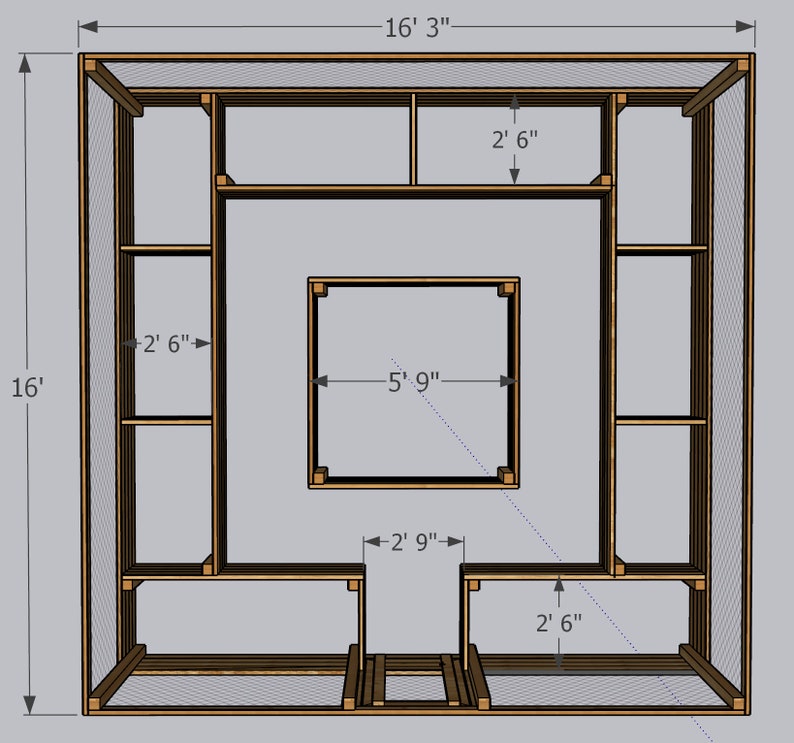 May include: A wooden frame with shelves and a large opening in the center. The frame is 16' 3" wide and 16' tall. The shelves are 2' 6" wide and the opening is 5' 9" wide and 2' 9" tall.