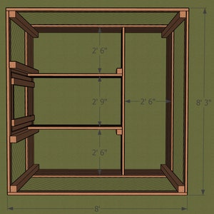 May include: A wooden frame with wire mesh sides and two shelves. The frame is 8 feet wide and 8 feet 3 inches tall. The shelves are 2 feet 6 inches deep and 2 feet 9 inches apart.
