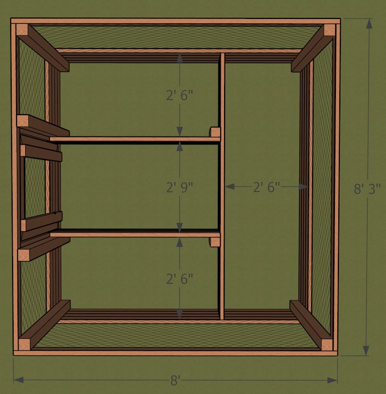 May include: A wooden frame with wire mesh sides and two shelves. The frame is 8 feet wide and 8 feet 3 inches tall. The shelves are 2 feet 6 inches deep and 2 feet 9 inches apart.
