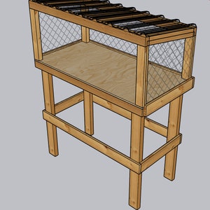 May include: A wooden birdhouse with a wire mesh enclosure and a slatted roof. The birdhouse is elevated on a wooden stand with four legs.