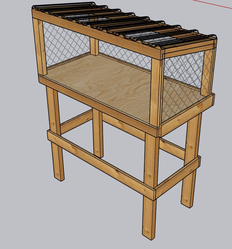May include: A wooden birdhouse with a wire mesh enclosure and a slatted roof. The birdhouse is elevated on a wooden stand with four legs.