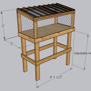 May include: A wooden bird cage with a wire mesh enclosure and a slatted roof. The cage is raised on four wooden legs and has an adjustable height. The cage is 4' 1 1/2" wide and 2' tall.