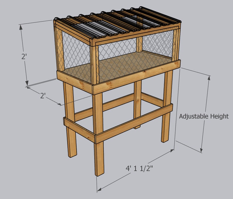 May include: A wooden bird cage with a wire mesh enclosure and a slatted roof. The cage is raised on four wooden legs and has an adjustable height. The cage is 4' 1 1/2" wide and 2' tall.