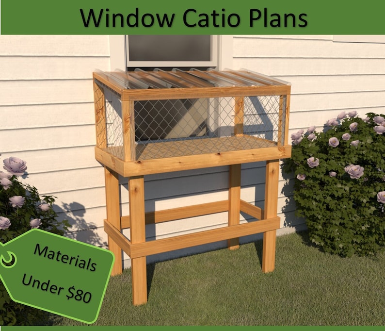 May include: A wooden catio with a wire mesh enclosure and a clear plastic roof. The catio is attached to a window and sits on a wooden frame. The catio is surrounded by green grass and a bush with pink flowers. The text "Materials Under $80" is on a green tag.