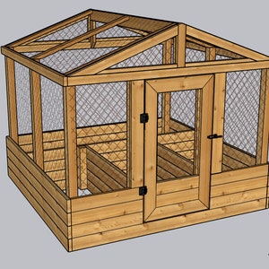 May include: A wooden raised garden bed with a wire mesh roof and a door. The bed is divided into two sections and has a wooden frame.
