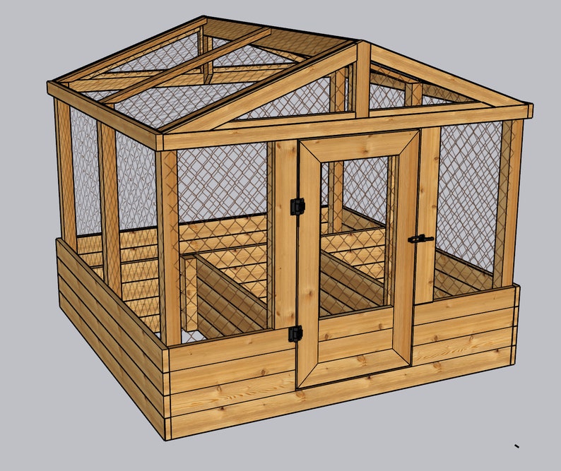 May include: A wooden raised garden bed with a wire mesh roof and a door. The bed is divided into two sections and has a wooden frame.
