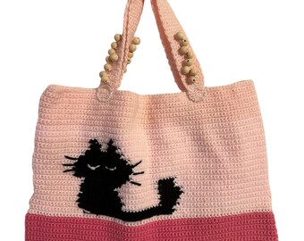 Handmade Crochet Tote Bag: Cat Design