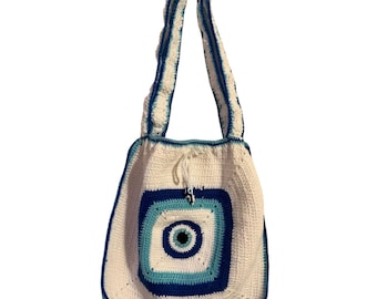Handmade Crochet Evil Eye Tote Bag