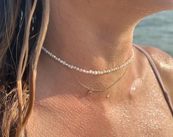 Tiny Baroque Pearl Necklace: 3mm Freshwater Pearls, Waterproof Summer Jewelry