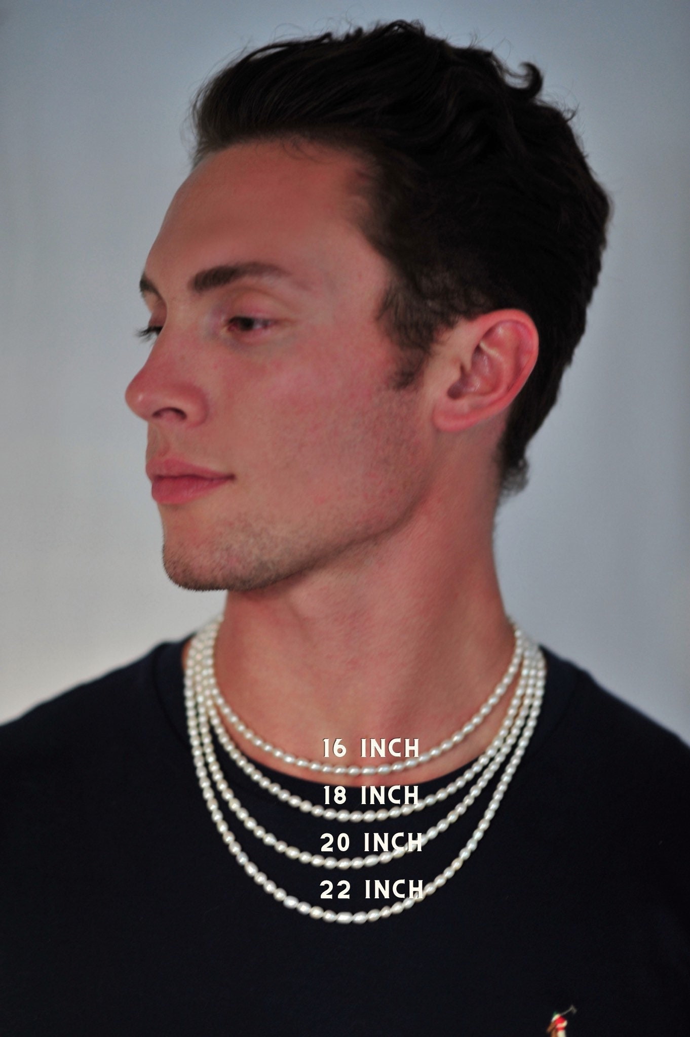 Mens Freshwater Pearl Necklace: Grade A Rice Pearls, Stainless Steel