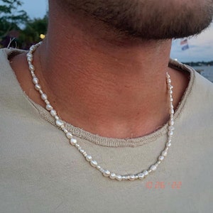 Mens Freshwater Pearl Necklace, mismatched Grade A Rice Pearls