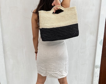 Chic Two-Tone Handwoven Tote Bag - Eco-Friendly Natural Fiber Market Bag
