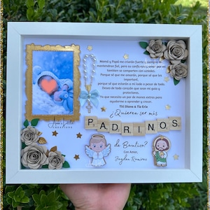 Caja de sombras para propuesta de padrinos, regalo de padrinos, regalo de propuesta de bautismo, caja de sombras para propuesta de padrino de San Judas Tadeo, flores de papel, regalo de bautismo