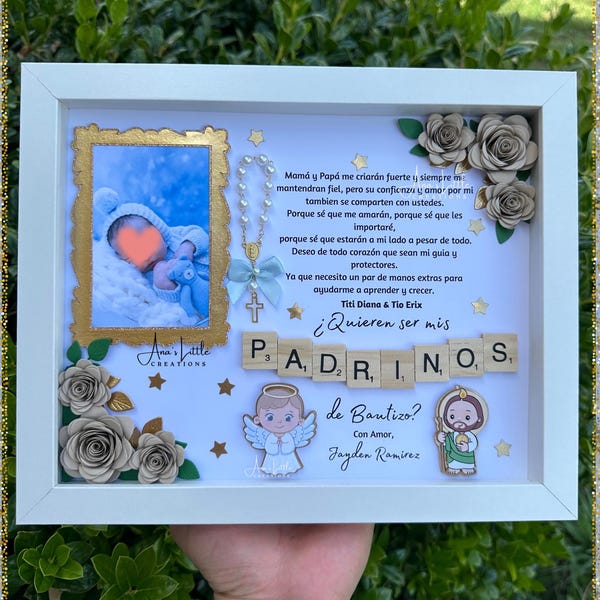 Padrinos Proposal Shadow Box: Baptism Gift with Paper Flowers, Mi Bautizo, Propuesta
