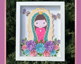 Our Lady of Guadalupe Shadow Box: Handmade Paper Flower Virgencita Gift