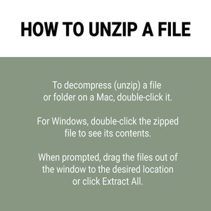 May include: A green background with white text explaining how to unzip a file on a Mac or Windows computer. The text says to double-click the file to unzip it and then drag the files to the desired location or click Extract All.
