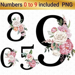 Kommerzielle Nutzung, Blumenzahlen, Aquarell Blumenzahlen, Florale Zahlen, rosa Aquarell png, floral png, Zahl png, Zahl Clipart