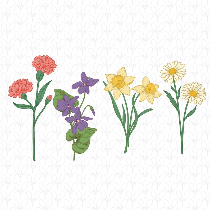 May include: A digital illustration of five different flowers: a pink carnation, a purple violet, a yellow daffodil, and two white daisies.