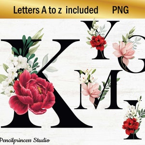 Monograma de letras florales, boda del alfabeto rojo rosa, alfabeto floral, inicial floral, peonía, alfabeto png, png floral, letras, boda floral