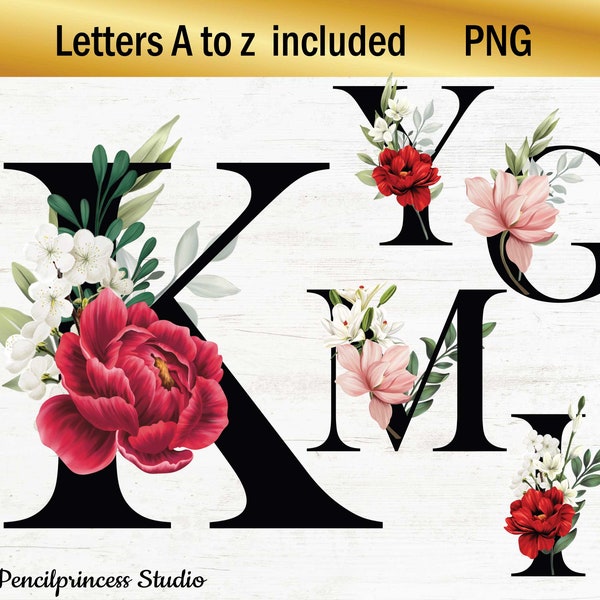 Monogramme de lettre florale, mariage alphabet rouge rose, alphabet floral, initiale florale, pivoine, alphabet png, png floral, lettres, mariage floral