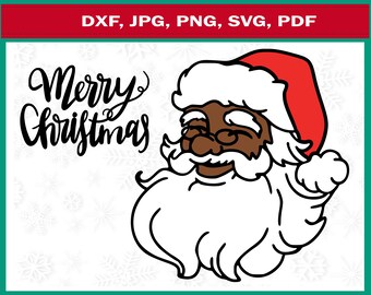May include: A graphic of Santa Claus with a brown face, wearing a red hat and glasses, and a white beard. The words "Merry Christmas" are written in cursive script. The image is set against a white background with snowflake accents.