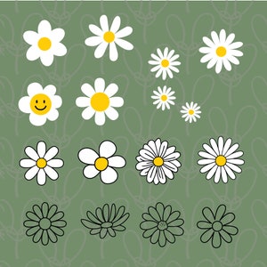 May include: A digital illustration of 14 white daisies with yellow centers on a green background. Some of the daisies have a smiley face in the center. There are also 4 black and white daisies with a black center.