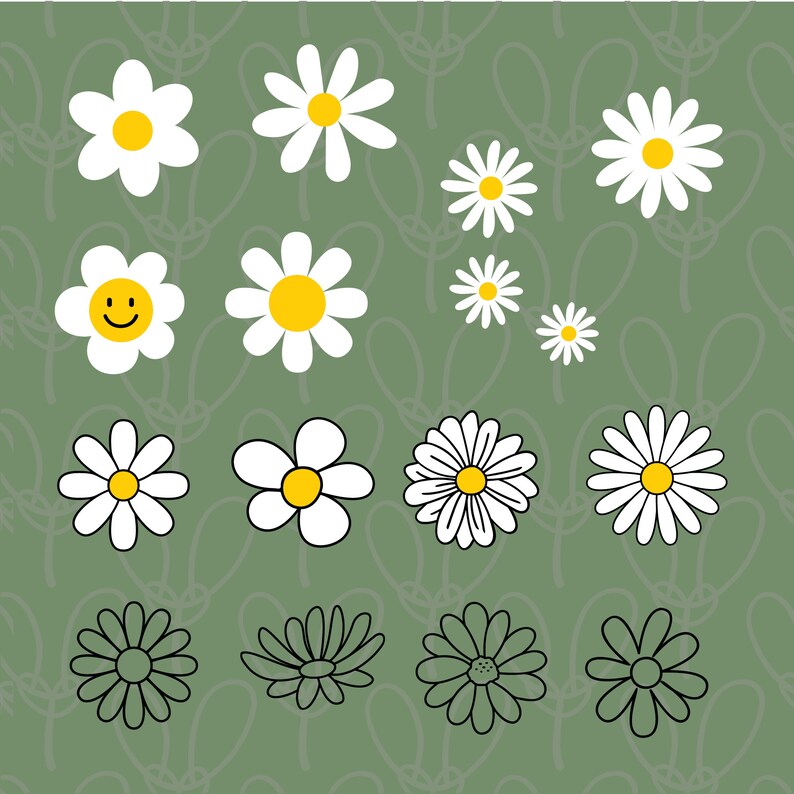 May include: A digital illustration of 14 white daisies with yellow centers on a green background. Some of the daisies have a smiley face in the center. There are also 4 black and white daisies with a black center.