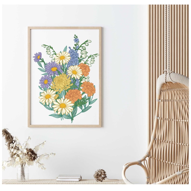 May include: A framed print of a colorful bouquet of flowers, including daisies, carnations, and chrysanthemums, in shades of yellow, orange, purple, and blue.