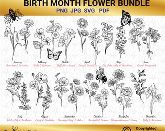 Birth month flower svg, Birth month flowers svg, Wildflower svg, Birthday flower, Flower clipart, Botanical svg, Floral svg, Daisy svg, PNG