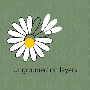 May include: A white daisy with a yellow center on a green background with a white daisy pattern. The text "Ungrouped on layers." is below the daisy.