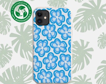 BLUE FLOWERS biologisch afbreekbare veganistische telefoonhoes, plastic gratis composteerbare hoes, iPhone 14 13 12 11 Pro Max Plus, Samsung Galaxy S22 21 20