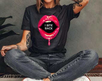 Retro Bite Lips Sparkle Tee, Playful Funny Sexy Unisex Shirt, Sassy Flirty Top, Bling Lipstick Smile T-shirt, Bite Me Tee, Jersey