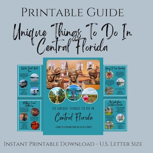 Op de afbeelding: Printbare gids met een blauwe achtergrond en de tekst "Printbare gids Unieke dingen om te doen in Centraal-Florida" in zwart. De gids bevat 20 unieke dingen om te doen in Centraal-Florida, met afbeeldingen en beschrijvingen van elke activiteit.