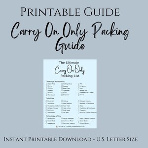 Pode incluir: Lista de embalagem imprimível para bagagem de mão. A lista de embalagem é intitulada "The Ultimate Carry On Only Packing List" e inclui categorias para roupas e acessórios, artigos de higiene pessoal, tecnologia e muito mais.