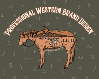 May include: A brown horse illustration with a desert landscape inside, featuring cowboys and a fence. The text "PROFESSIONAL WESTERN BRAND DESIGN" arches above the horse. The background is a dark green with white western symbols.