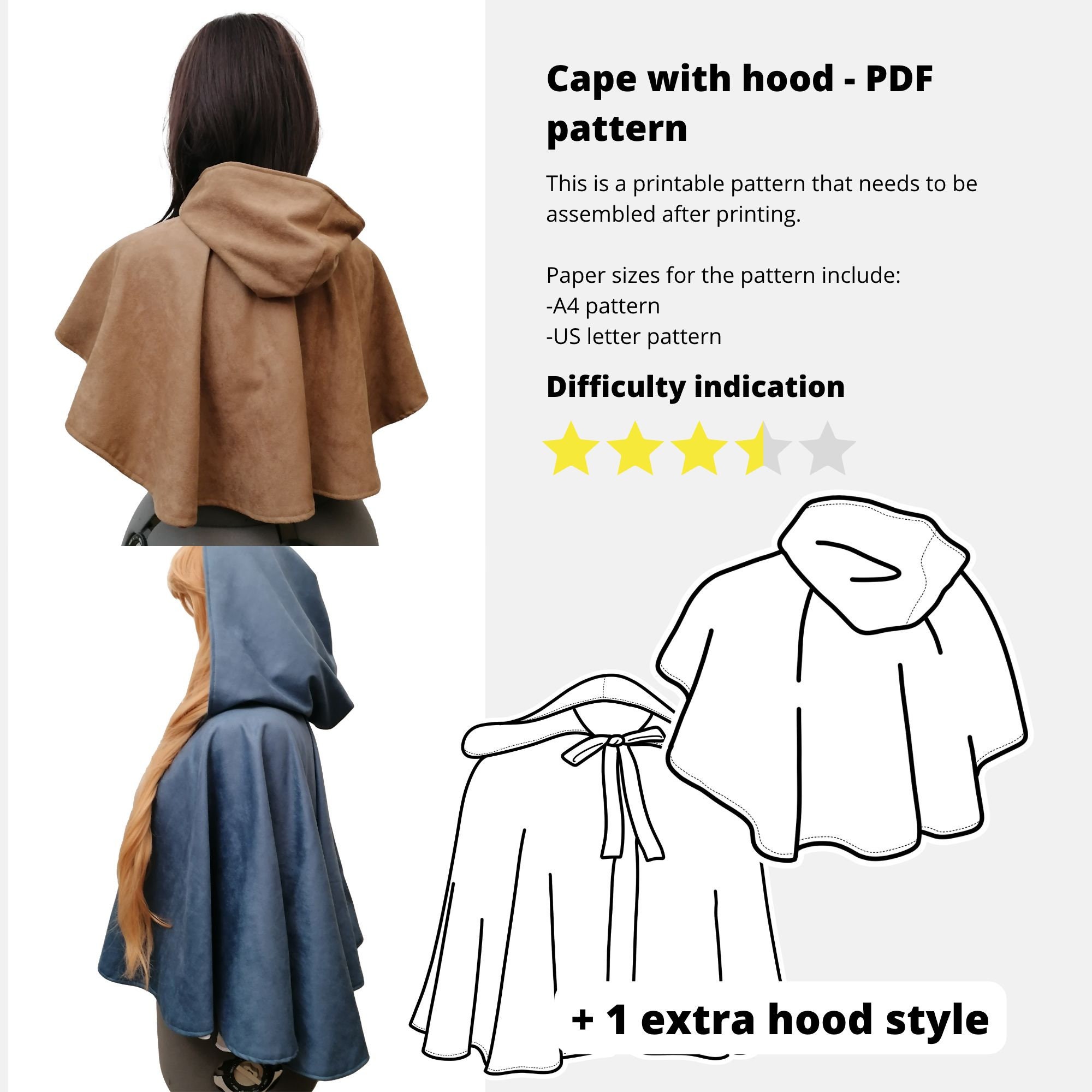 Short hooded cape with slits Sewing Pattern Beginner