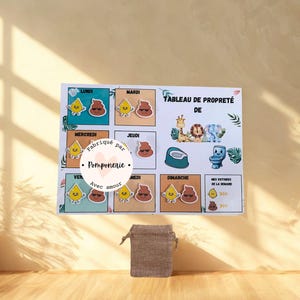 Peut inclure: Un tableau de propreté avec le texte "TABLEAU DE PROPRETÉ DE" et les jours de la semaine. Le tableau présente des illustrations de gouttes jaunes souriantes et d'emojis caca bruns.