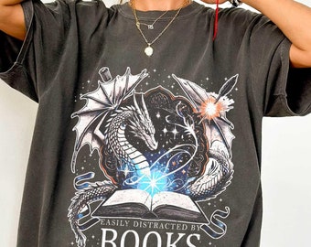 Easily Distracted by Dragon and Books Comfort Colors Shirt, Dragon Book TShirt, Iron Flame, Dragons Fantasy Reader Shirt, Romantasy Book