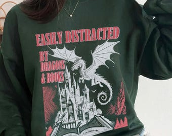 Easily Distracted By Dragon And Books Sweatshirt, Dragon Shirt Bookworm, Reading Shirt, Librarian Gift, Book Lover Tshirt, Figment