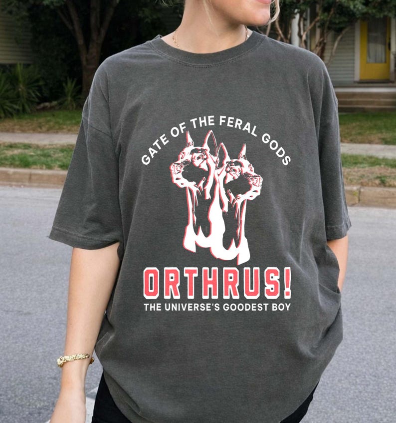 Puede incluir: Camiseta gris oscuro con el texto "GATE OF THE FERAL GODS" y "ORTHRUS! THE UNIVERSE'S GOODEST BOY". El gr&aacute;fico presenta un perro de dos cabezas en rojo y blanco. La camiseta es de corte holgado.