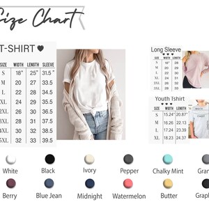 K&ouml;nnte beinhalten: Gr&ouml;&szlig;entabelle f&uuml;r T-Shirts, Langarmshirts und Kinder-T-Shirts. Die Tabelle zeigt die Breite, L&auml;nge und &Auml;rmell&auml;nge f&uuml;r jede Gr&ouml;&szlig;e. Die Tabelle enth&auml;lt auch eine Farbpalette mit 10 verschiedenen Farben.