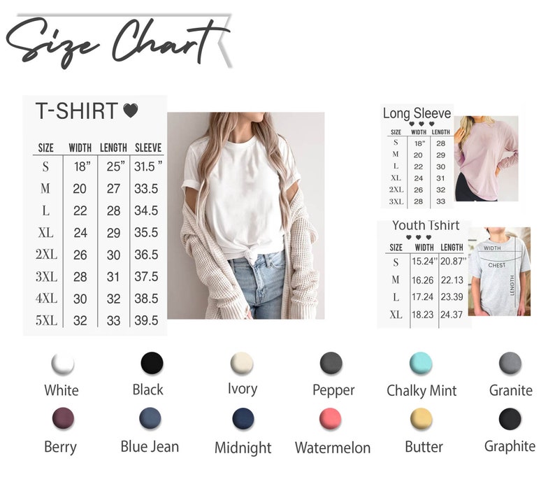 K&ouml;nnte beinhalten: Gr&ouml;&szlig;entabelle f&uuml;r T-Shirts, Langarmshirts und Kinder-T-Shirts. Die Tabelle zeigt die Breite, L&auml;nge und &Auml;rmell&auml;nge f&uuml;r jede Gr&ouml;&szlig;e. Die Tabelle enth&auml;lt auch eine Farbpalette mit 10 verschiedenen Farben.