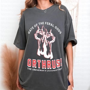 Puede incluir: Camiseta gris oscuro con un gr&aacute;fico de un perro de dos cabezas y el texto "GATE OF THE FERAL GODS" arriba y "ORTHRUS! THE UNIVERSE'S GOODEST BOY" abajo. El dise&ntilde;o es en rojo y blanco.