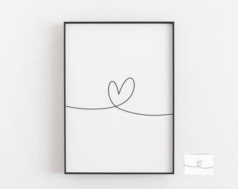 Herz Linie Poster • Line Art Poster •  Deko, Wanddeko für Wohnzimmer, Schlafzimmer, Badezimmer, Flur