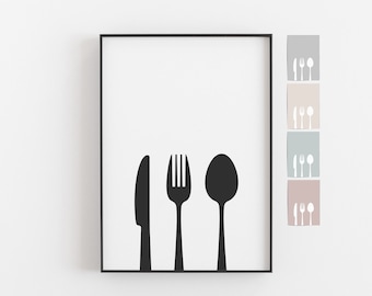 Küchenposter 'Besteck' •  Besteck Poster • Küche Poster schwarz weiß beige grau •  Küchen Bild