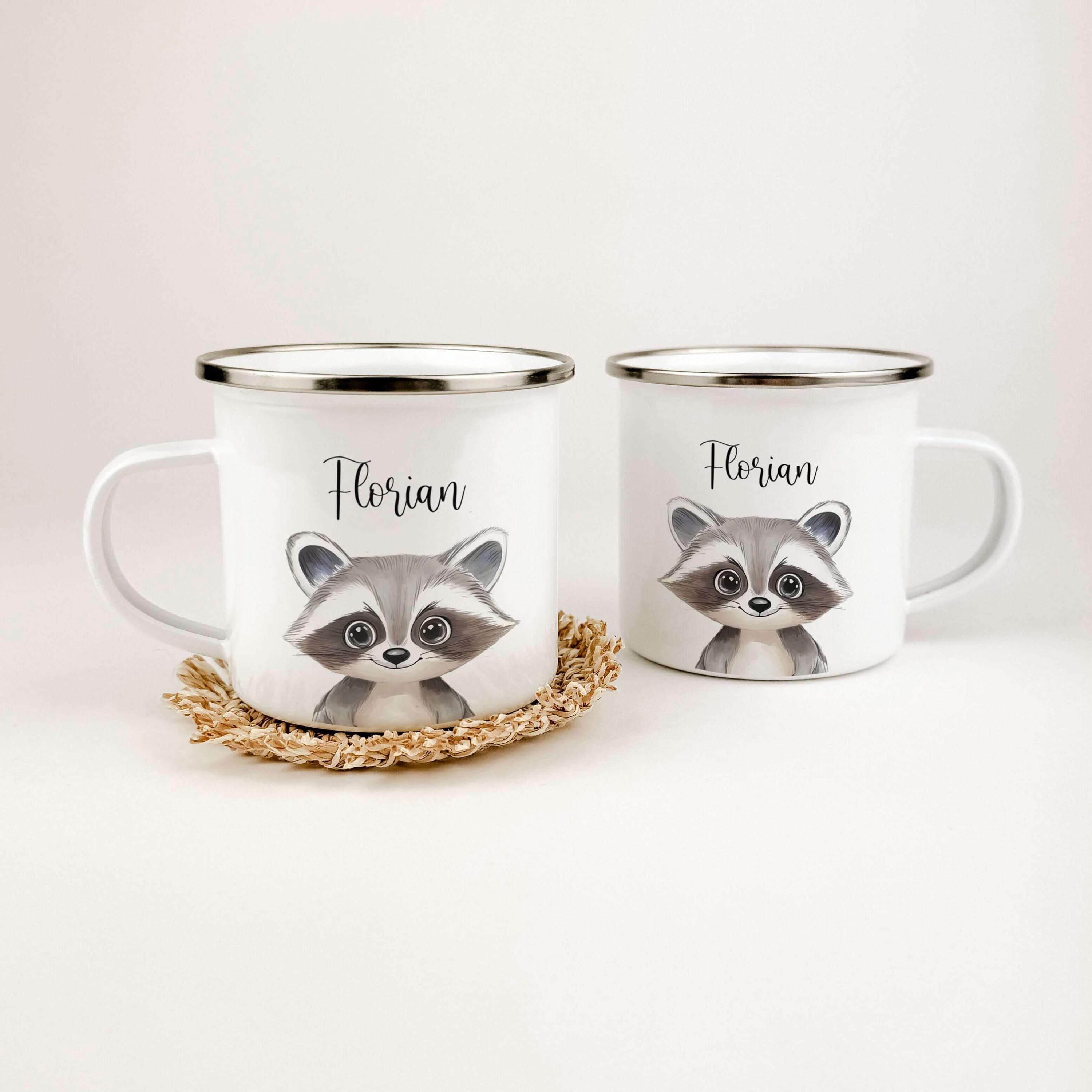 Waschbär Tasse personalisiert, Becher personalisiert, Tasse mit Name Kinder, Kindergarten Tasse, Emaille Tasse, Kindergeschenk mit Namen